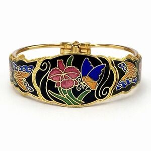 Vintage Cloisonné Butterfly Floral Hinged Bangle Bracelet Black Enamel Gold Tone